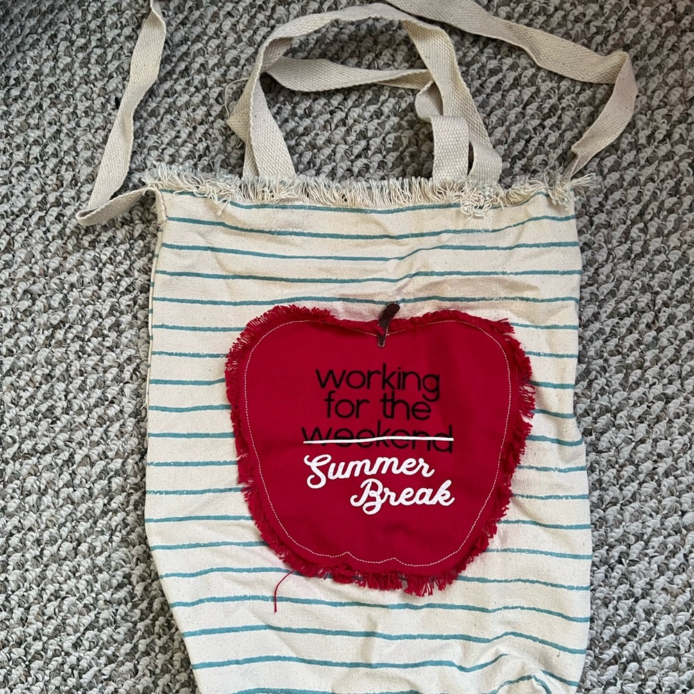 Striped Canvas Tote Bag with Red Apple Design
